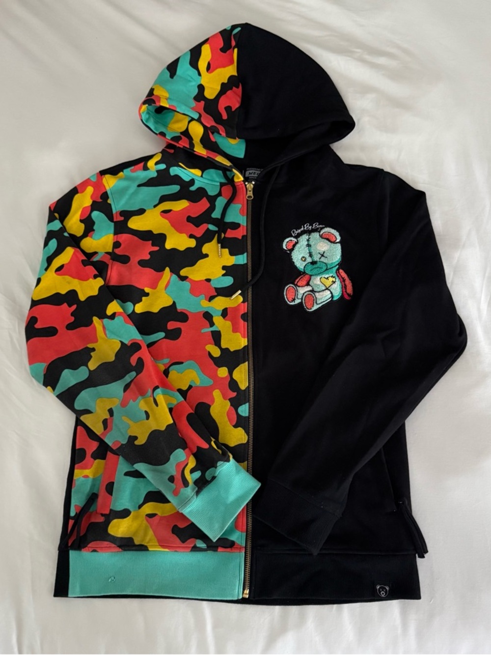 Black & Multicolor Camouflage Zip Hoodie with Embroidered Bear